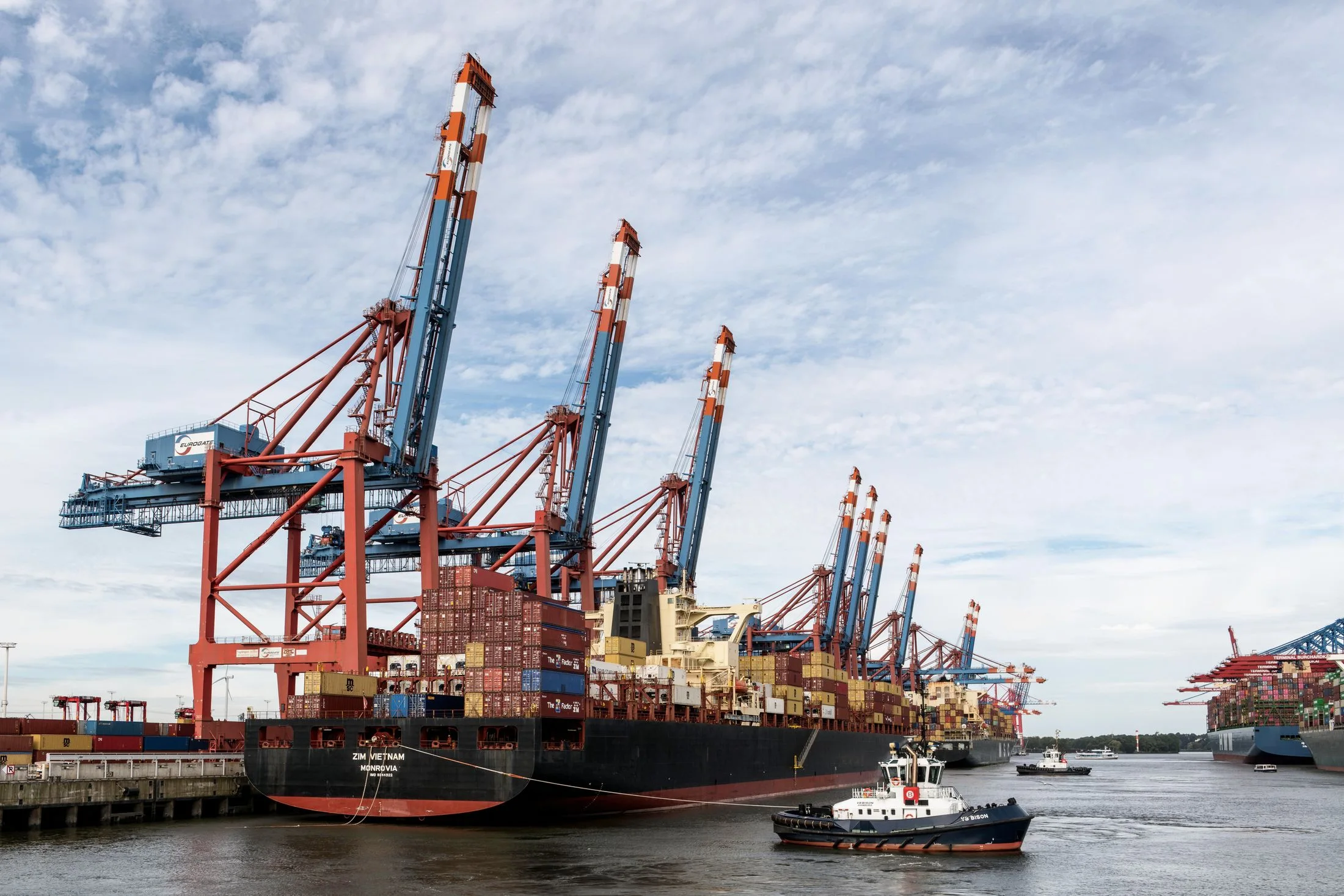 Container cranes and vessels at a port used for global cargo movement
